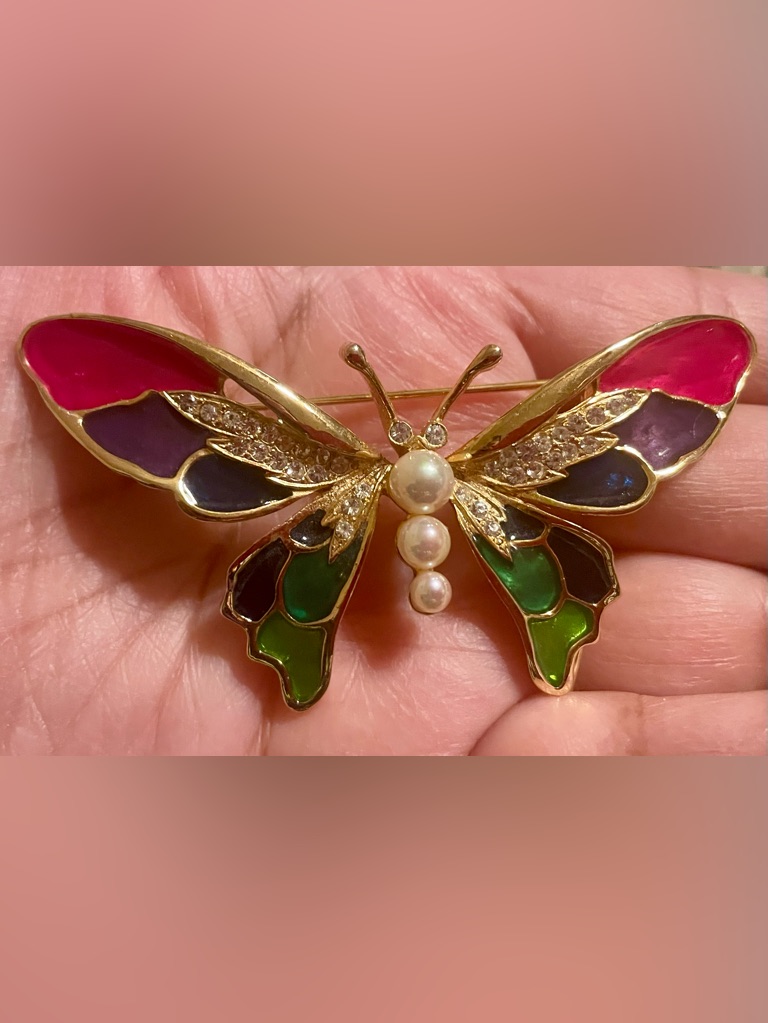 Gold Butterfly Brooch With Green Enamel And Pearl Body  Women Jewelry